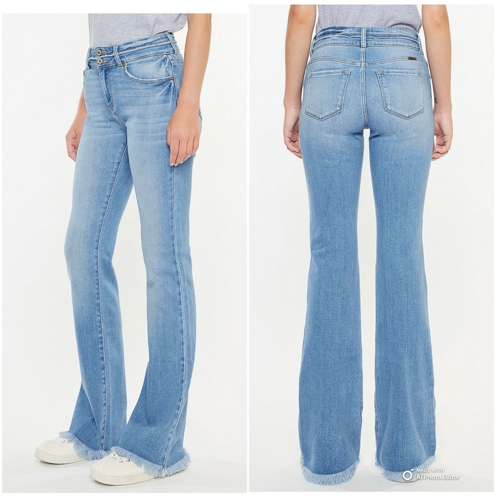 Frayed Hem High Rise Double Button Boot Cut Jeans… - image 1